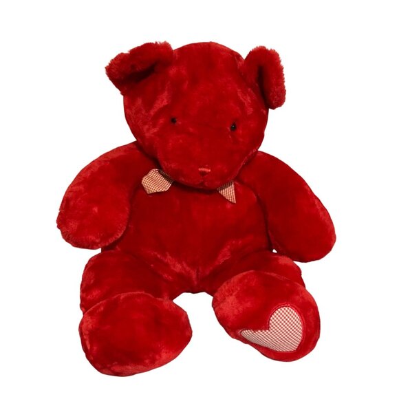 Commonwealth Bright Red Plush Large Teddy Bear With Gingham Accents 27" - Picture 1 of 4